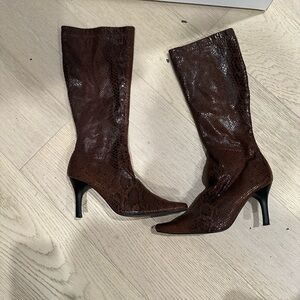 Faux Snakeskin Brown Knee-High Boots